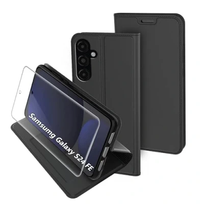Abbildung von FDHYFGDY Hülle für Samsumg Galaxy S24 FE + 1x Panzerglas Schutzfolie, stoßfeste Premium PU Leder Brieftasche Case [Magnet] [Standfunktion] [Kartenfach] Schutzhülle aus Klappetui, Schwarz