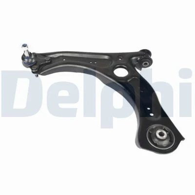 Abbildung von DELPHI TC9128 Querlenker mit Trag /Führungsgelenk links, unten, vorne Stahlblech VOLKSWAGEN: Polo VI, T Cross, SEAT: IBIZA 5, Arona