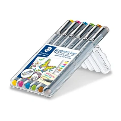 Abbildung von STAEDTLER bunte pigment liner, dokumentenechte Pigmenttinte, lange Metallspitze, Linienbreite 0,5mm, Lebensdauer, 6 Liner in unterschiedlichen Farben, 30805S2SB6