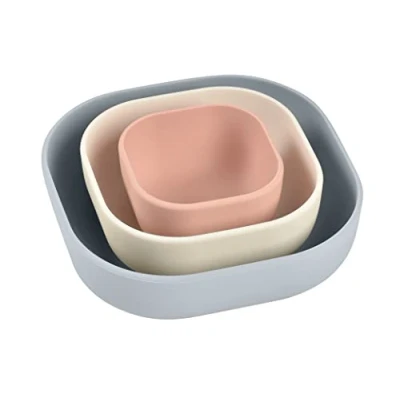 Abbildung von BÉABA, 3er Set stapelbare Silikonschalen, Baby Mahlzeiten Set, Kinder Silikon Geschirr stapelbar, skalierbar, ergonomisch, gesundes Silikonmaterial, langlebig (Samtgrau/Cotton/Rosa)