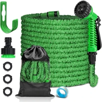 Abbildung von FASCINATDECO Flexibler Gartenschlauch 7.5m mit 7 Funktionen Brause, Wasserschlauch flexibel 3 Fach Latexkern inkl. Adapter für 1/2&#039; 3/4&#039; Zoll und Wandhalterung, dehnbarer flexiSchlauch