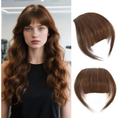 Abbildung von Clip in Bangs One Piece Pony Haare 100% Remy Human Haar für Frauen und Mädchen (French Bangs,Light Brown)