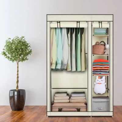 Abbildung von LEADZM Kleiderschrank Faltschrank Stoffschrank Faltbare Garderobe Canvas mit Reißverschluss Kleiderstange, Fächern, 110 x 45 175 cm,Beige