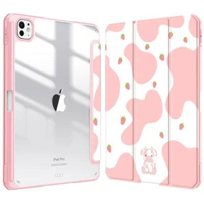 Abbildung von Fintie Hybrid Slim Case für iPad Pro 11 Zoll M4 (2024) (Modellnummer: A2836/A2837/A3006) [Eingebauter Stifthalter] Stoßfeste Schutzhülle mit klarer, transparenter Rückschale, Erdbeerkuh