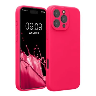 Abbildung von kwmobile Handyhülle kompatibel mit Apple iPhone 16 Pro Max Hülle gummierte Handy Case aus Silikon in Neon Pink
