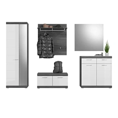 Abbildung von xonox.home Garderoben Set Garderobenmöbel SCOUT 5 teilig weiß Hochglanz/Rauchsilber Dekor, (Komplett Set, St., Garderobenschrank, Schuhschrank, Garderobenpaneel, Sitzbank, Spiegel)
