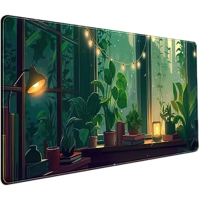 Abbildung von Niedliche grüne Lofi Schreibtischunterlage Pflanzen Mauspad Anime Wald Ästhetische Natur Schreibtischunterlage, XXL Großes Gaming Erweitertes für PC Laptop Tastatur Frauen Büro Dekor