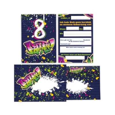 Abbildung von 12 Einladungskarten inkl. Umschläge zum 8. Kindergeburtstag Einladung Set Geburtstag Mädchen Kinder Jungs Jungen Boys Teenies Graffiti Jugendstill modern bunt grün lila neon