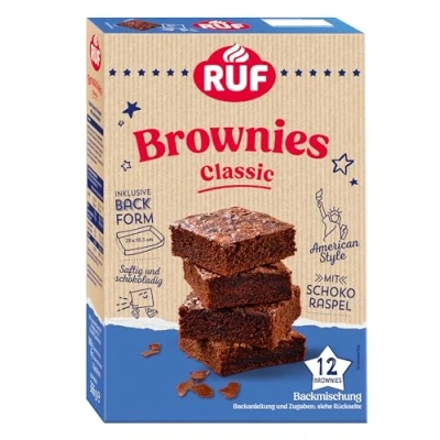 Abbildung von RUF Classic Brownies, Backmischung für saftig schokoladige Chocolate Brownies im American Style mit Schoko Raspel, inkl. Backform, 12 366g