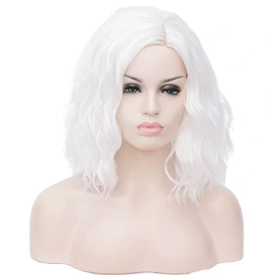 Abbildung von ATAYOU Frauen Kurze wellenförmige Weiß Synthetische Hitzebeständige Cosplay Perücken Für Halloween Und Karneval (Weiß)