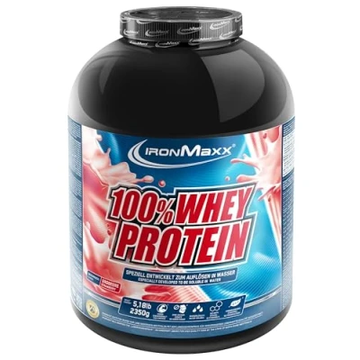 Abbildung von IronMaxx 100% Whey Protein Pulver Erdbeere 2350g Dose zuckerreduziertes, wasserlösliches Eiweißpulver aus Molkenprotein viele verschiedene Geschmacksrichtungen