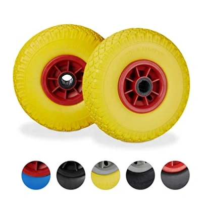 Abbildung von Relaxdays Sackkarrenrad 2er Set, pannensichere 3.00 4&quot; Vollgummireifen, 25 mm Achse, bis 80 kg, 260x85 mm, gelb rot
