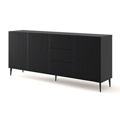 Abbildung von BIM Furniture Kommode Ravenna B 3D3S 200 cm mit gefräster Front Hochwertiges MDF, Sideboard, Buffet auf Schwarze Metallstiftbeinen, 3 Schränke, Schubladen (Schwarz Matt)