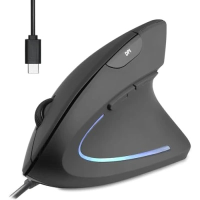 Abbildung von Perixx PERIMICE 513C Vertikale Maus mit USB C, 6 Tasten, 1000/1600 DPI, Design für Rechts, Kabel Typ C 1,8 m, Schwarz