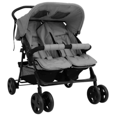 Abbildung von vidaXL Kinder Buggy Geschwisterwagen Hellgrau Stahl
