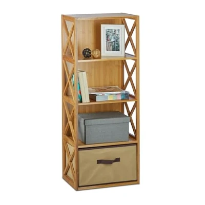Abbildung von Relaxdays Regal Bambus mit Korb, 4 Ablagen, Holz Standregal, Badregal, Faltbox, HxBxT: 105 x 42 29 cm, natur braun