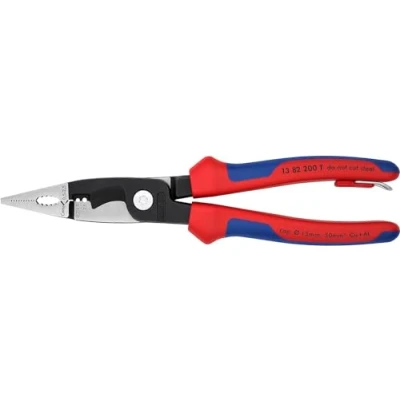 Abbildung von KNIPEX Elektro Installationszange mit Mehrkomponenten Hüllen, integrierter Befestigungsöse zum Anbringen einer Absturzsicherung schwarz atramentiert 200 mm 13 82 T