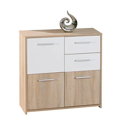 Abbildung von Inter Link Kommode Sideboard mit 3 Türen und 2 Schubladen Farbig Melaminbeschichtet Sonoma Eiche Nachbildung Weiß BxTxH: 77x30x77 cm Eboli