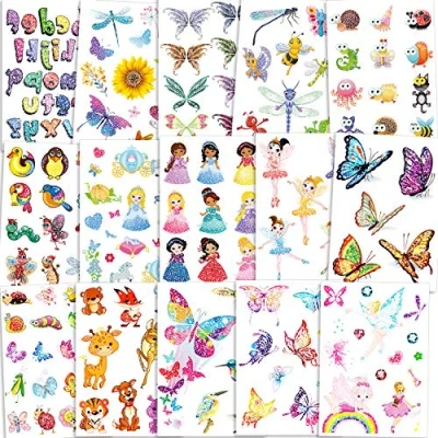Abbildung von Qpout 180pcs Glitzer Tattoos für Kinder, Flash Temporäre Blumenfee/Disney Princess/Schmetterling/Tier Tattoo Aufkleber Mädchen Kinder Geburtstagsfeier Geschenkbeutel Mitgebsel