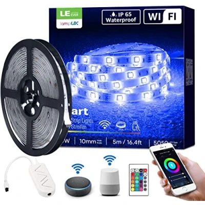 Abbildung von LE LED Strip Smart 5M Wasserdicht, RGB 150 LEDs, 5050 SMD Wifi Streifen, 12V, Selbstklebend Lichterkette, Flexibel Band, Leiste, Lichtband IP65, Netzteil und Controller enthalten