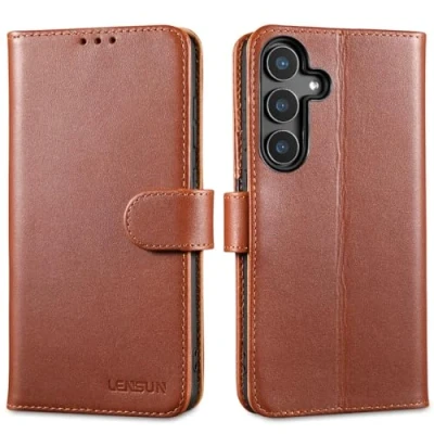 Abbildung von LENSUN Echtleder Hülle für Samsung Galaxy S25 Plus, Handyhülle [Echtes Leder] [Standfunktion] [RFID Schutz] Flip Lederhülle Handytasche S25+ 5G Dunkelbraun