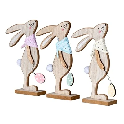 Abbildung von levandeo 3er Set Deko Aufsteller H25cm Hase Gelb Rosa Grün Osterhase Ei Tischdeko Oster Figur Frühling Ostern