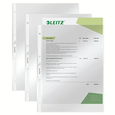 Abbildung von Leitz Super Premium Prospekthüllen Set, 10 Stück, A4 Format, Glasklar mit glänzender Oberfläche, Obere Öffnung, 0,08 mm PVC Hartfolie, 47343000, transparent