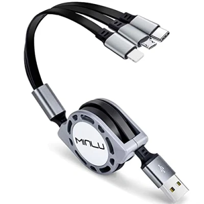 Abbildung von Minlu Einziehbares Multi USB Kabel [3A 1.2M] 3 in 1 Mehrfach Universal Ladekabel Schnellladekabel mit iP/Micro USB/Typ C für Phone16/15/14/13/12/11/Xs/Xr/X/8/7/Android,Galaxy,Huawei,Nexus,LG,PS4/5