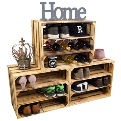 Abbildung von Schuhschrank Schuhregal aus geflammten Holzkisten Schuhablage Schuhständer Schuhaufbewahrung für Kinder und Erwachsene stabiles Regal in Obstkisten Optik (doppelt Längs 50x40x29cm, 3er set)