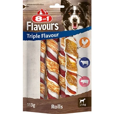 Abbildung von 8in1 Triple Flavour Rolls Kaustangen für Hunde Kausnacks mit extra viel Fleisch, 113g Beutel (3 Stück)