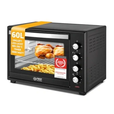 Abbildung von TZS FIRST AUSTRIA Minibackofen Pizzaofen, 2000W, 60L, mit Innenbeleuchtung, Umluft Funktion, Drehspieß für 2 Hühnchen, Mini Backofen, herausnehmbares Krümelblech