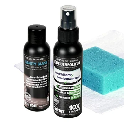 Abbildung von carron® Scheibenpolitur Nanoversiegelung für Frontscheibe mit Nanoreiniger Entfernung Mikrokratzer Glaspolitur Regenabweiser Abperleffekt Lotuseffekt wasserabweisend