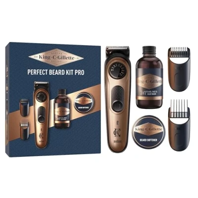 Abbildung von King C. Gillette Beard Trimmer PRO Geschenkset für Herren, Bartschneider und Reiniger im Mini Format 60 ml, Balsam 25 ml