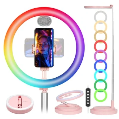 Abbildung von TARION Ringlicht mit Stativ Ringleuchte RGB: LED Ring Light 11,8 Zoll Tisch Ringlampe Faltbare Lichtring Handyhalterung Handy für Smartphone Video Fotografie Live Steaming(Rosa)