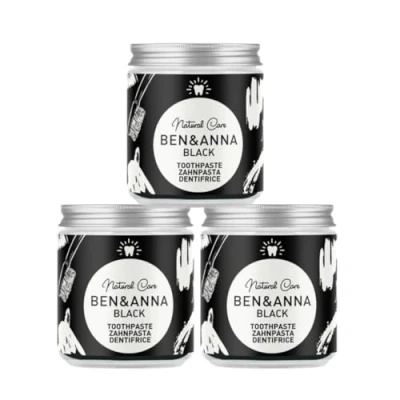 Abbildung von BEN &amp; ANNA Black Fluoridfreie natürliche Zahnpasta im Glas Aktivkohle Whitening, Vegan, Natürlicher Minz Geschmack in der Dose, Weiße Zähne 3er Pack
