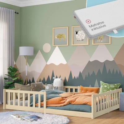 Abbildung von Bellabino Bodenbett Vere 140x200 mit Rausfallschutz und Rolllattenrost, Montessori Kinderbett für Jungen &amp; Mädchen, Kinder Bett aus Kiefernholz Kinderzimmer, in Natur Matratze