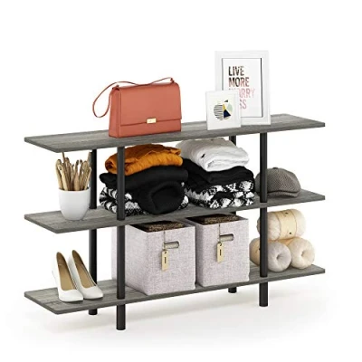 Abbildung von Furinno breites Regal mit 3 Ebenen, holz, Französische Eiche Grau/Schwarz, 29.49 x 119.9 70.69 cm