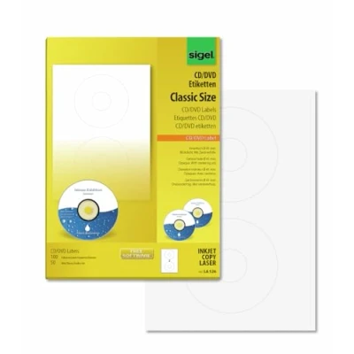 Abbildung von SIGEL LA526 CD /DVD Etiketten selbstklebend, bedruckbar, weiß, blickdicht, 100 = 50 Blatt, mit Zentrierhilfe, ClassicSize 41 mm Innenloch