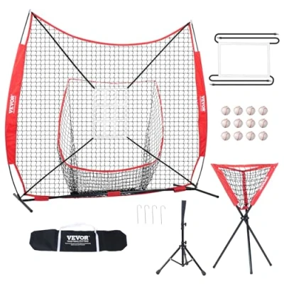 Abbildung von VEVOR 244 x 106 211 cm Baseball Softball Übungsnetz, Tragbares Trainingsnetz zum Schlagen, Fangen, Pitchen, Backstop Ausrüstung mit Bogenrahmen, Tragetasche, Schlagzone, Bällen, Ballsammler