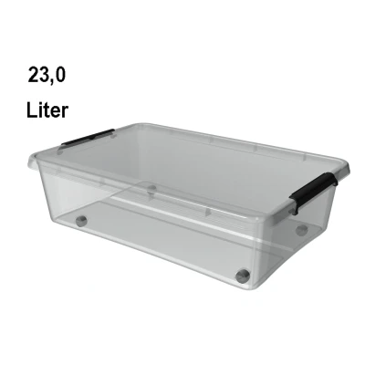 Abbildung von ORPLAST Bedrollerbox 23 Liter mit Deckel / Clips Rädern 58 x 39 16cm transparent