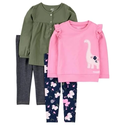 Abbildung von Simple Joys by Carter&#039;s Mädchen 4 Piece Long Sleeve Shirts and Pants Playwear Hosen Set, Marineblau Floral/Olivgrün/Rosa Dinosaurier/Schwarz, 5 Jahre