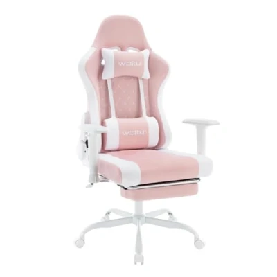 Abbildung von WOLTU Massage Gaming Stuhl, Bürostuhl ergonomisch, Racing Gamer Sessel, Computerstuhl 150 kg, Drehstuhl mit Rollen, Kopfstütze, Fußstütze, Lendenkissen, Netzstoff, Rosa+Weiß, GS14rsw