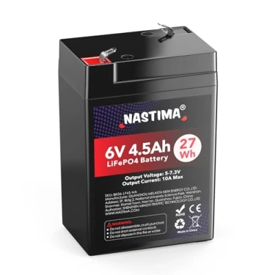 Abbildung von NASTIMA 6V 4,5Ah LiFePO4 Wiederaufladbare Batterie Mit BMS Schutz und 2000 Deep Cycle Wartungsfrei, Geeignet für Notstrombeleuchtung, Kinderspielzeugautos, Motorboote, Camping, Sonnenkollektoren