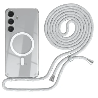 Abbildung von EAZY CASE Handykette kompatibel mit Samsung Galaxy S24 Plus Kette zum Umhängen Stoßfest Handyhülle für Silikon Hülle Band Handytasche Transparent als Fallschutz in Weiß/Silber