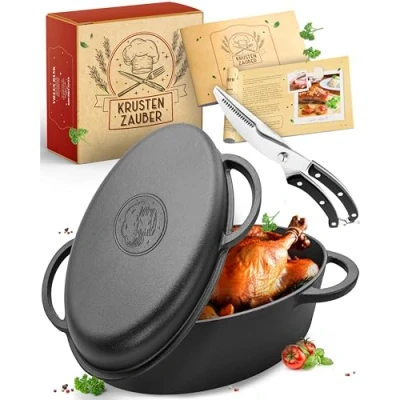 Abbildung von Krustenzauber Bräter 38cm Gusseisen mit Deckel backofengeeignet inkl. Geflügelschere, (9kg Gänsebräter Idealer Topf XXL, Schmortopf, Bratentopf, Induktion, Gusseisenpfanne)