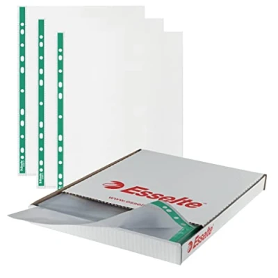 Abbildung von Esselte A4 Klarsichthüllen, 500 x Poly Hüllen, 43 Mikron Stärke, geprägte Hüllen mit gelochtem, verstärktem grünem Rücken, ideal für Aktenordner &amp; Ringbücher (500 Stück), 628617