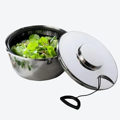 Abbildung von Hagen Grote Edelstahl Salatschleuder, hochglänzend, 4 Liter, Ø 24 cm, 11,5 cm hoch, mit Seilzug, trocknet Salate schnell und effektiv