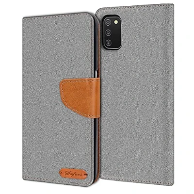 Abbildung von Verco kompatibel mit Samsung Galaxy A03s Hülle, Schutzhülle für Tasche Denim Textil Book Case Flip Klapphülle, Grau