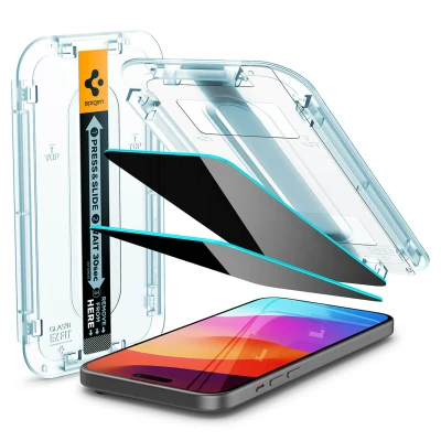 Abbildung von Spigen Glas.tR EZ Fit Sichtschutz Schutzfolie kompatibel mit iPhone 16, 15, 2 Stück, Privacy Schutz, Kratzfest, 9H Härte Folie