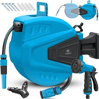 Abbildung von KESSER® Schlauchtrommel Wasser 20+2m Schlauchaufroller Inkl. 2 Wege Verteiler + Multi Handbrause Wasserschlauchtrommel Automatik 180 Schwenkbar Wandhalterung Gartenschlauch Blau